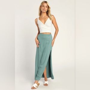 NWT Lulu's Hitting It Off Dark Sage Slit Midi Maxi Skirt size S